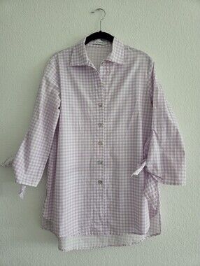 Vitamin 100% Cotton Women Gingham Button Shirt Tie Sleeves Small Purple White